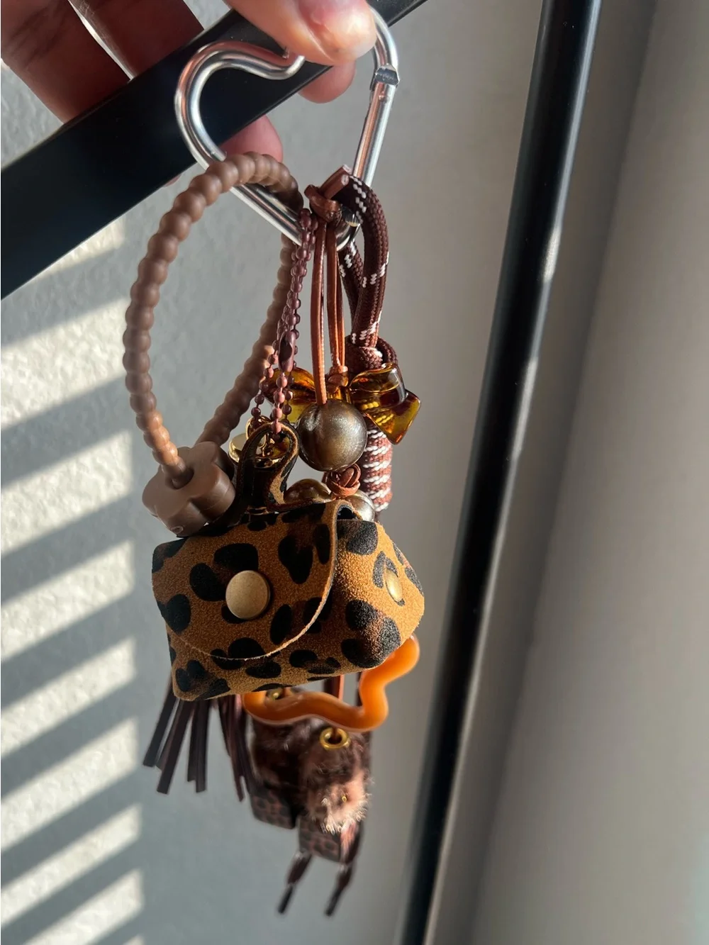 Brown Leather & Leopard Accent Keychain Bag  Charm